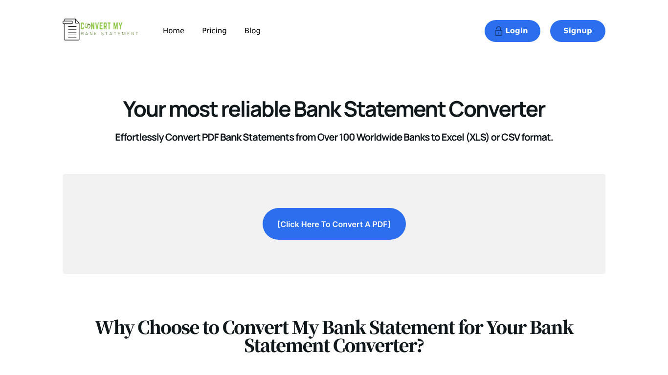 Convert My Bank Statement Landing page