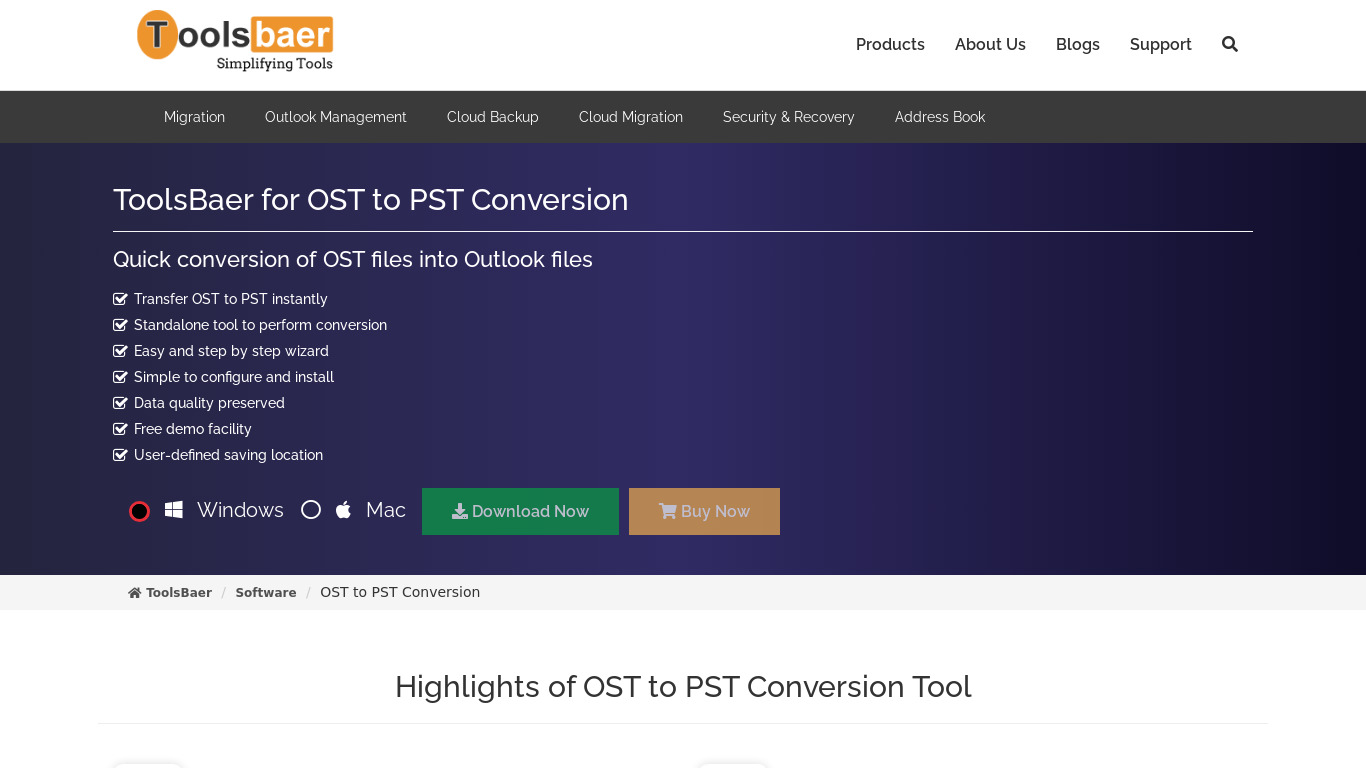 Toolsbaer OST to PST Landing page