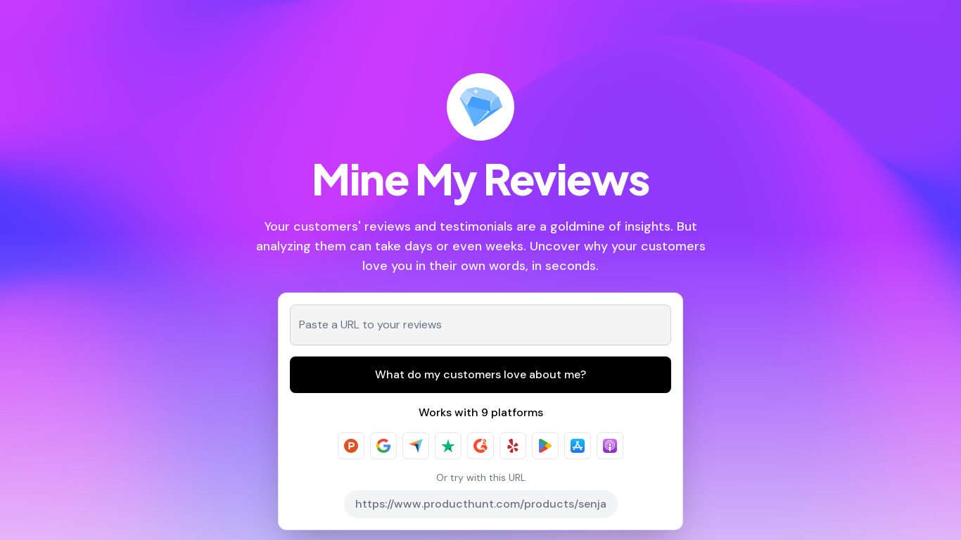 Mine My Reviews Landing page