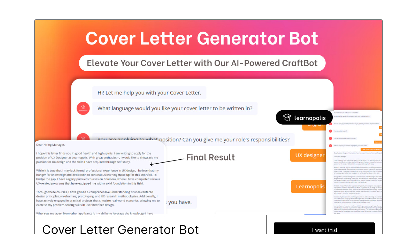Cover Letter Generator Bot Landing page