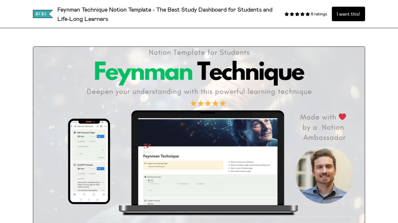 Feynman Technique Notion Template Landing page