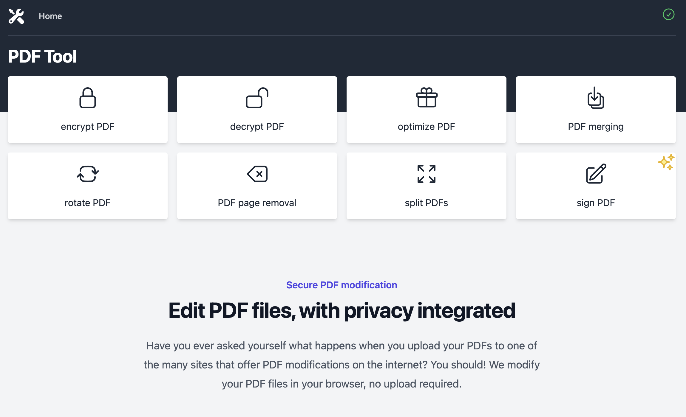 PDF Tool Landing page