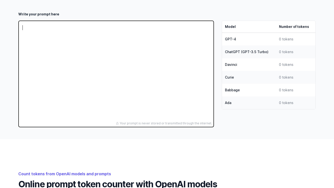 Prompt Token Counter Landing page