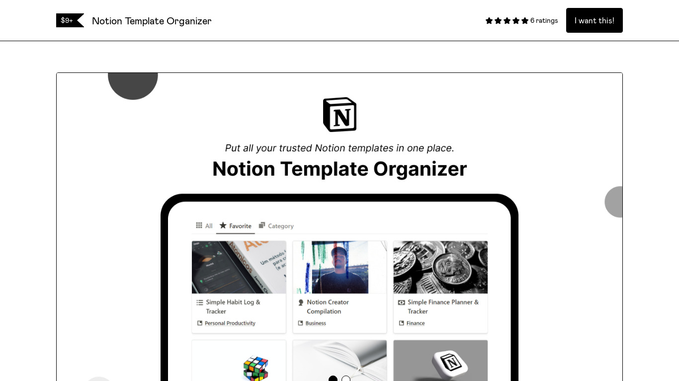 Notion Template Organizer Landing page