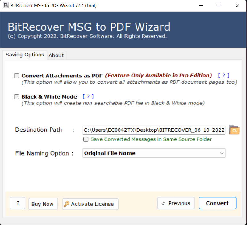 BitRecover MSG to PDF Wizard Landing page