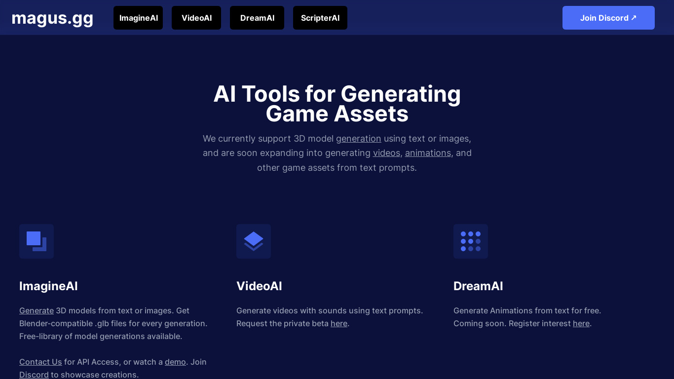 ImagineAI by magus.gg Landing page
