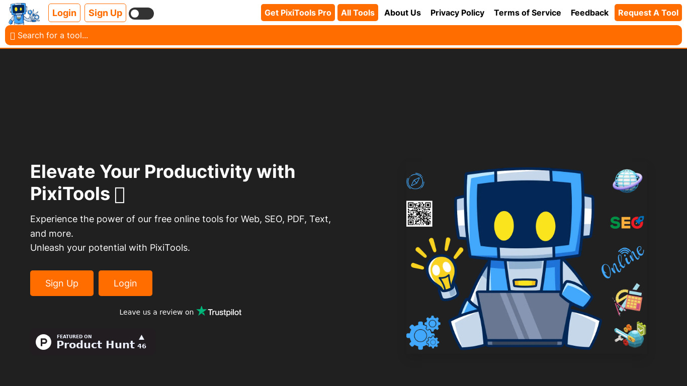 PixiTools Landing page
