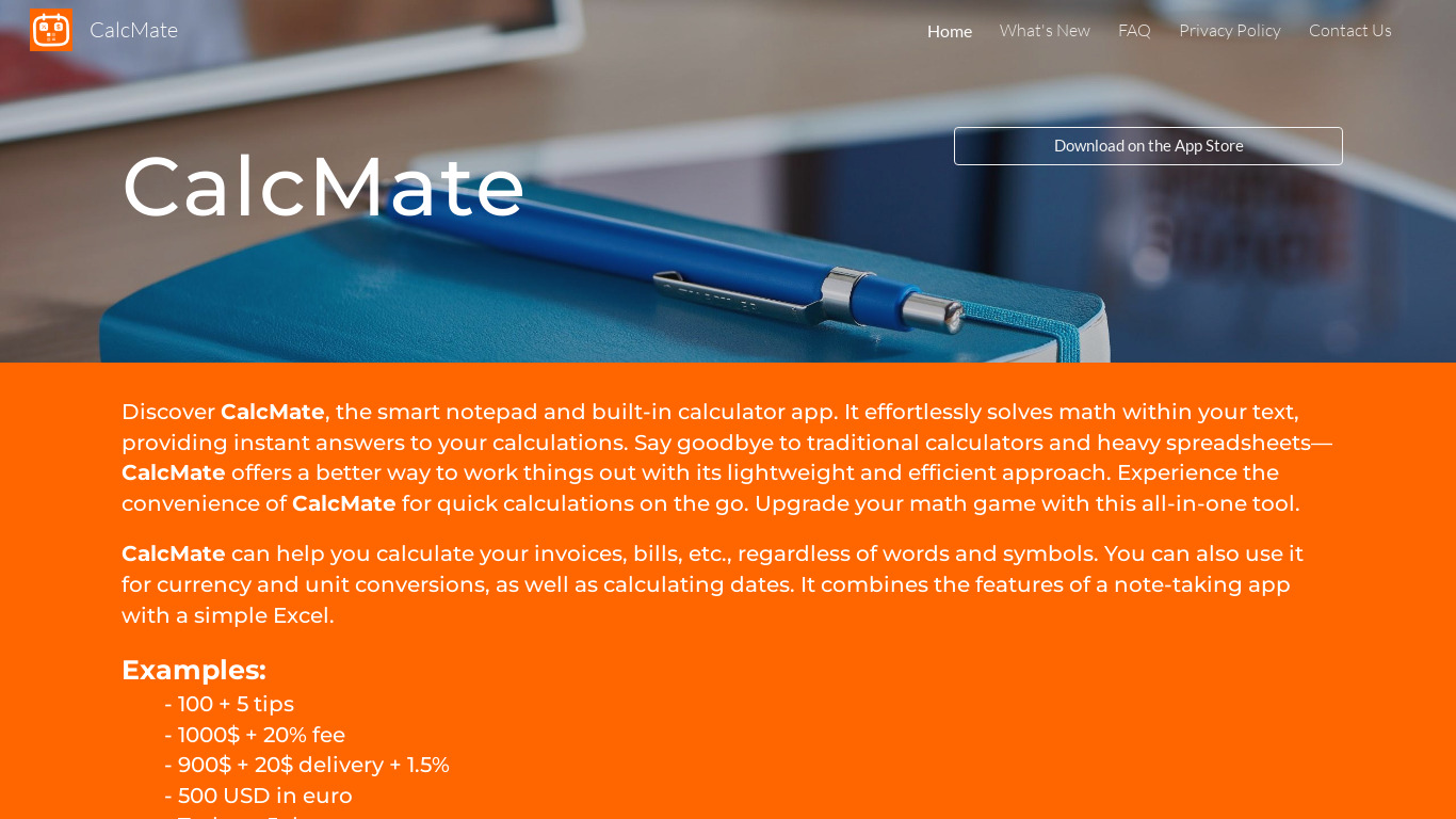 CalcMate: notes calculator Landing page
