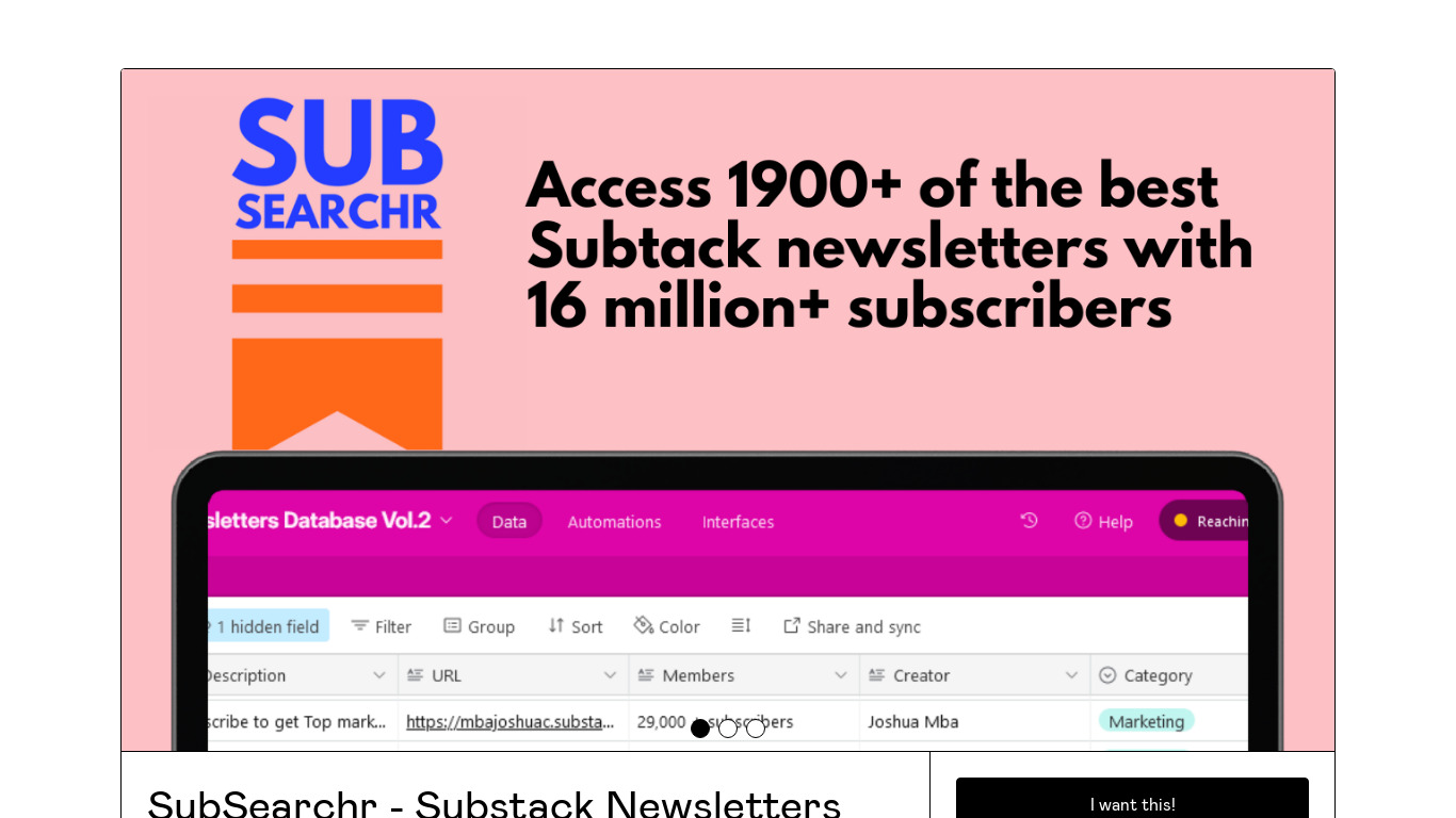 SubSearchr Landing page
