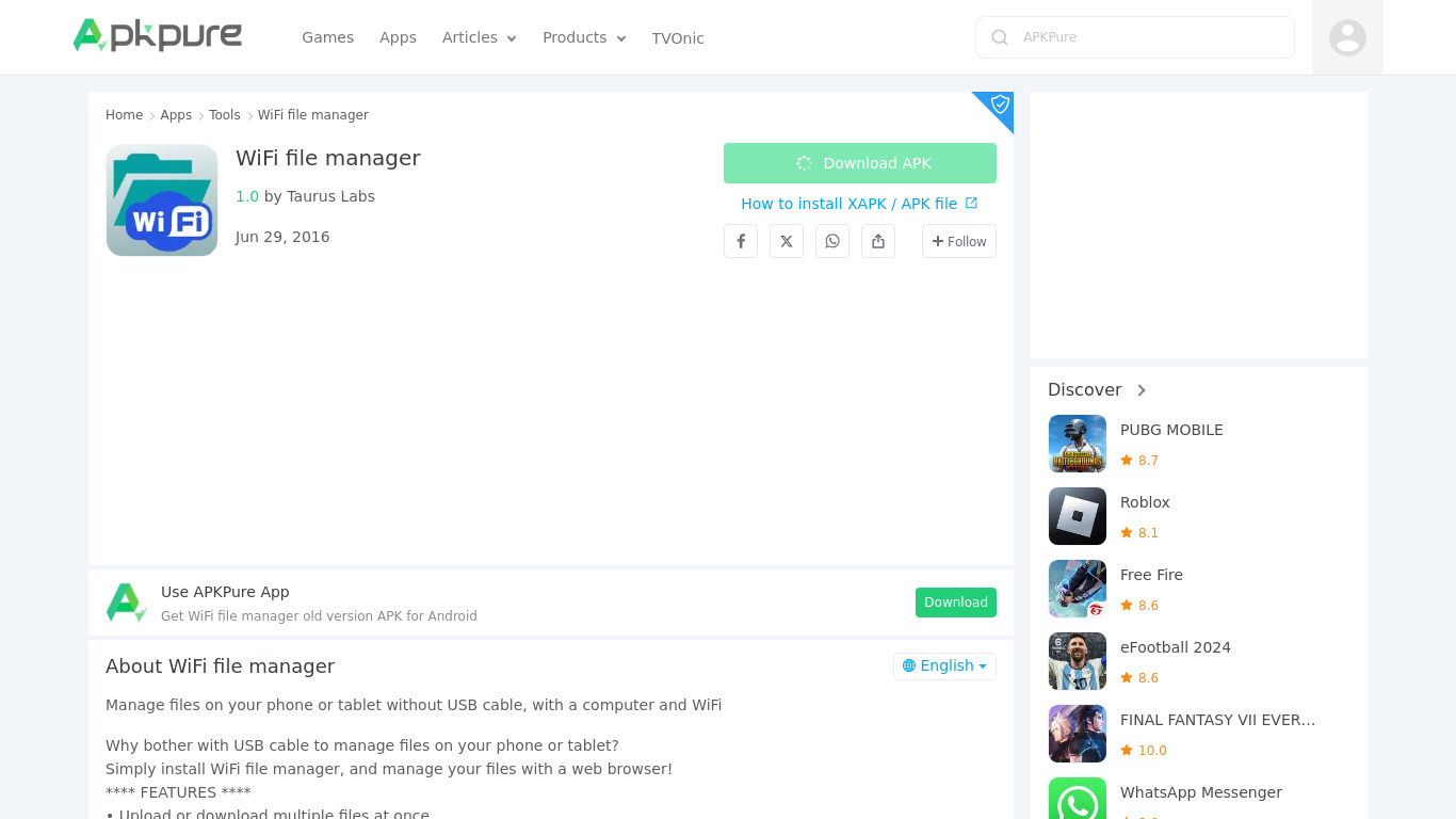 Wifi File Manager Landing page