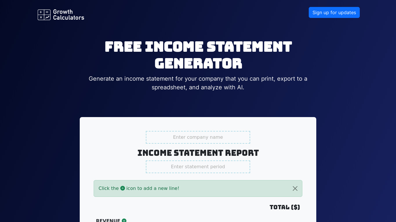 Income Statement Generator Landing page