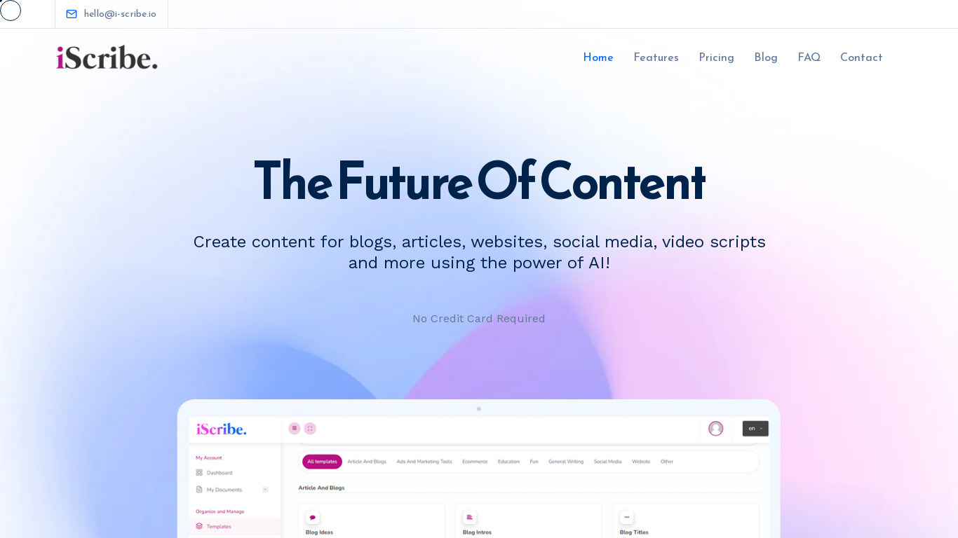 iScribe AI Content Generator Landing page