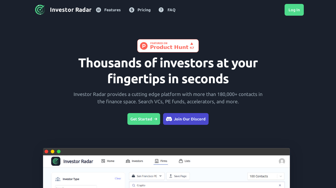 Investor Radar Landing page