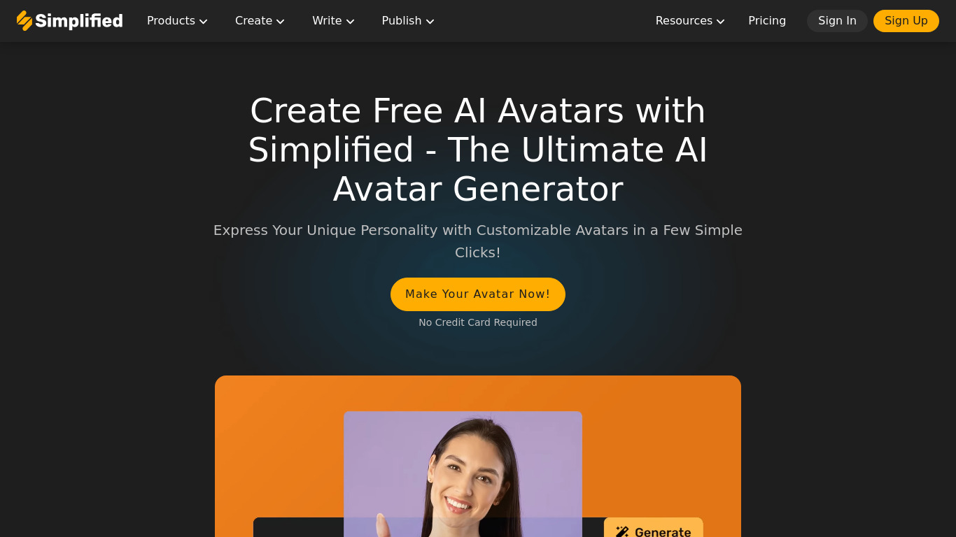 Simplified AI Avatar Generator Landing page