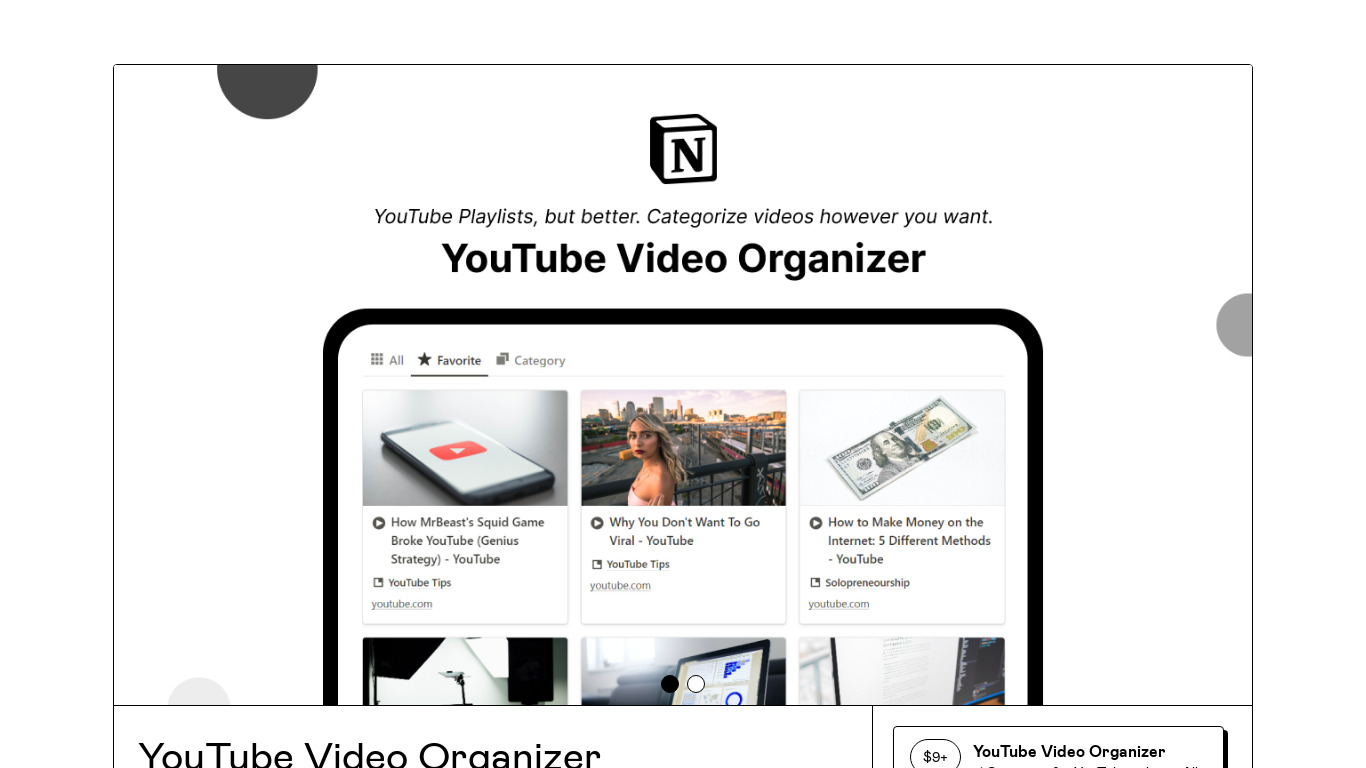 YouTube Video Organizer Landing page