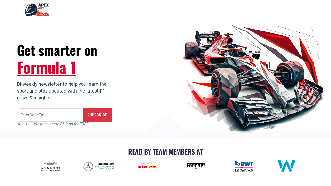 APEX Bite Formula 1 Newsletter Landing page