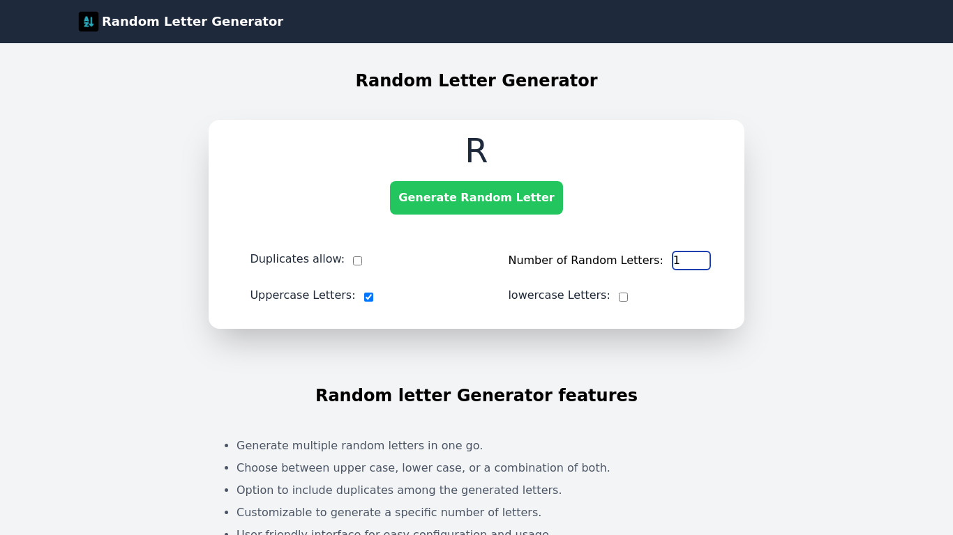 Random Letter Generator Landing page