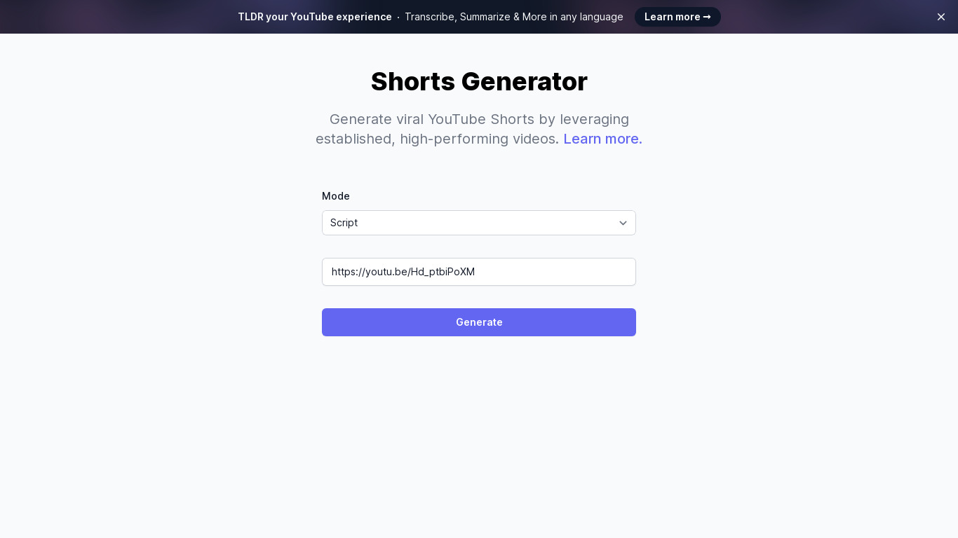 Shorts Generator Landing page