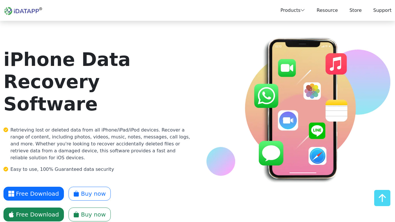 iDataApp iPhone Data Recovery Landing page