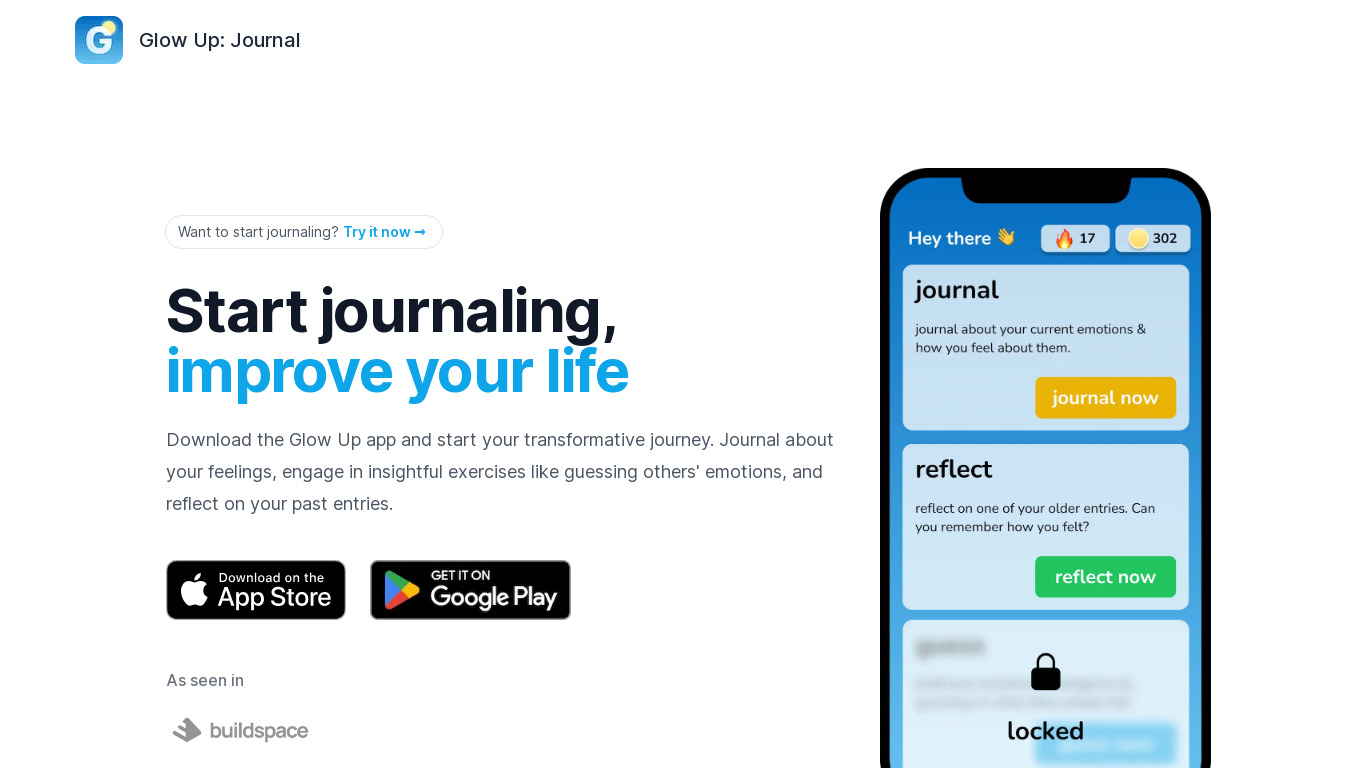 Glow Up: Journal & Coach Landing page