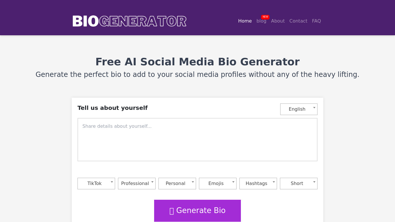 Social Media Bio Generator Landing page