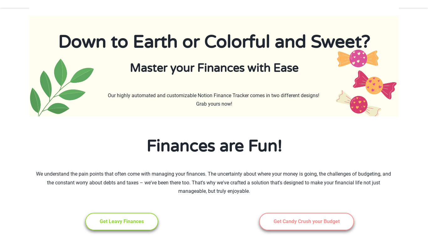 Candy Leaves Notion Finance Tracker Landing page