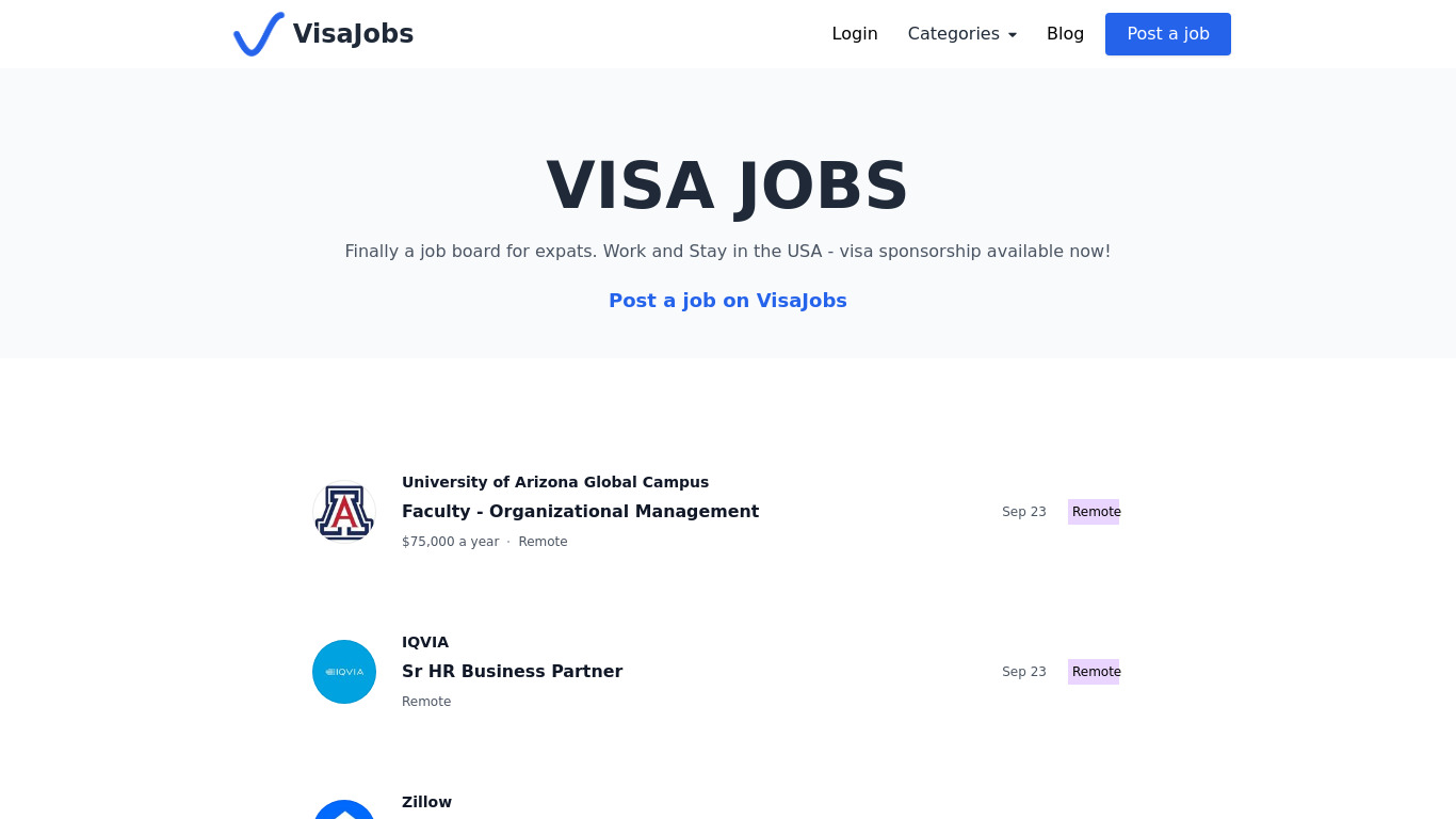 Visa Jobs Landing page