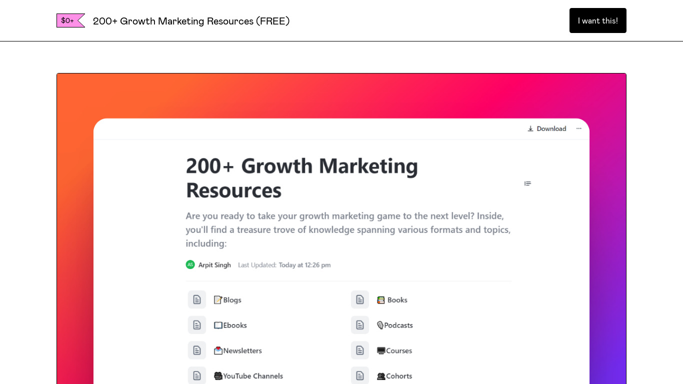 200+ Growth Marketing Resources Landing page