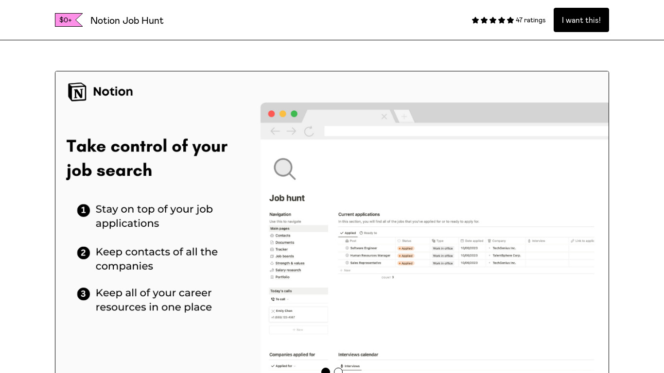 Job Hunt Notion Template Landing page
