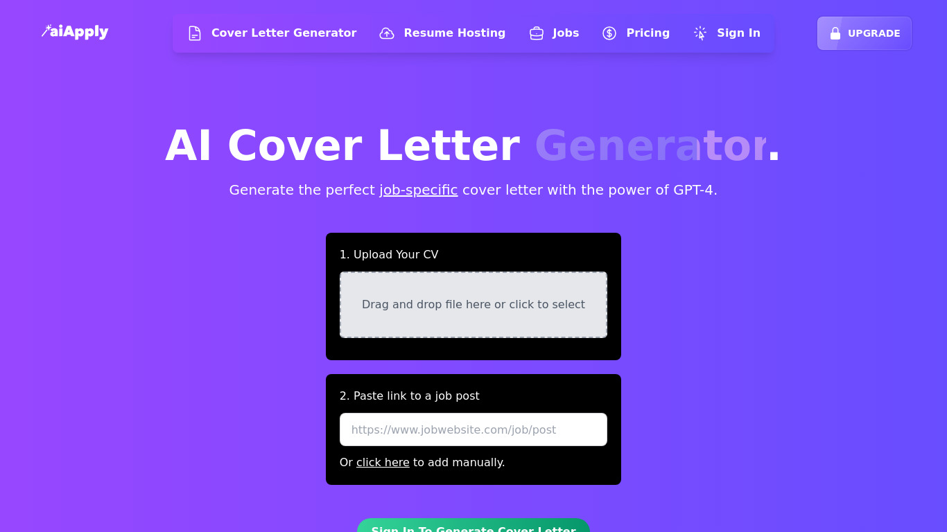 AI Cover Letter Generator by AIApply Landing page