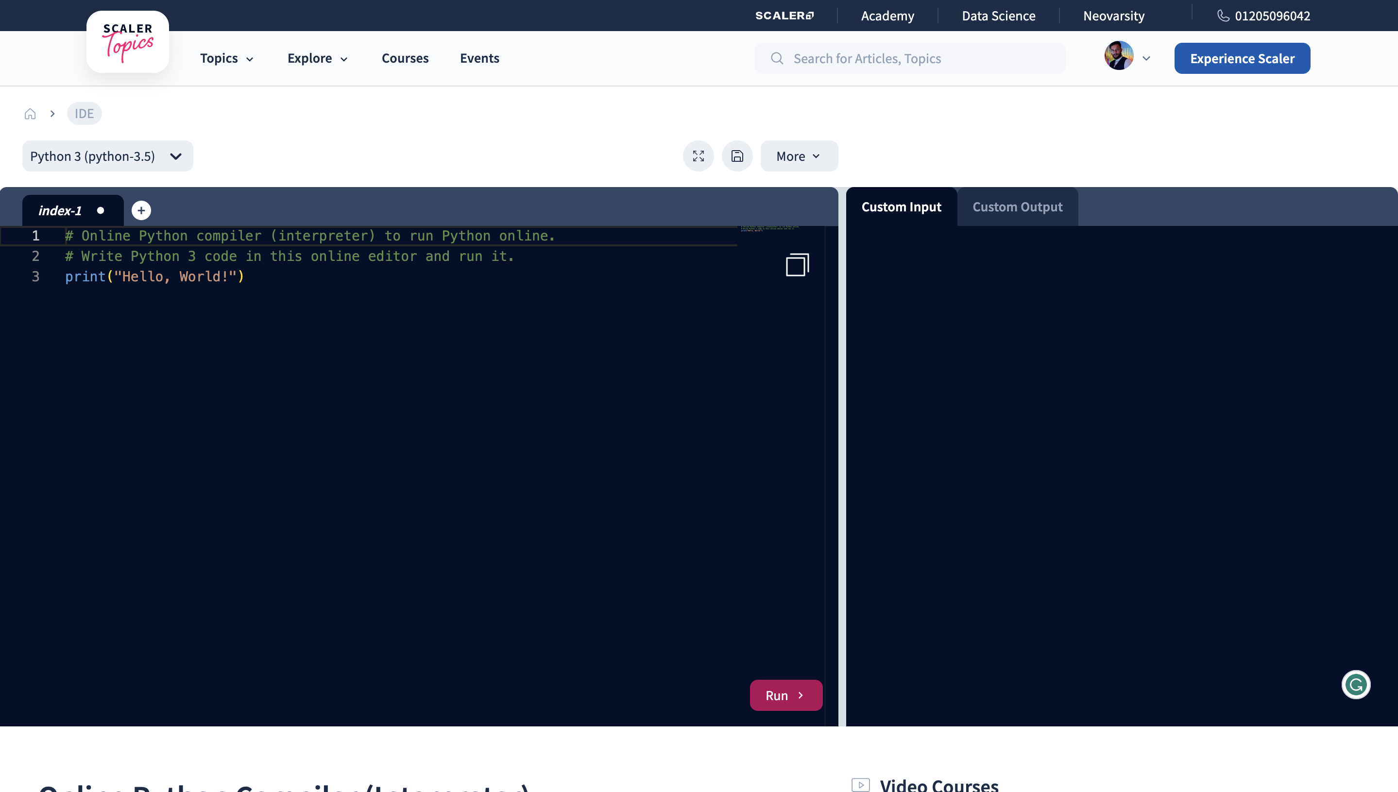 Scaler Online Python Compiler Landing page