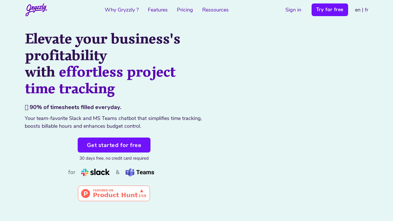 Gryzzly Time and budget Tracking Landing page