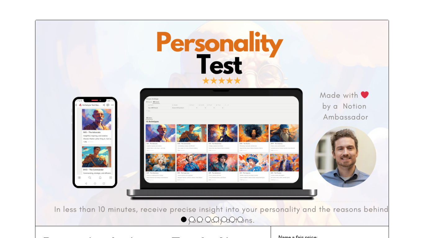 Personality Archetype Test for Notion Landing page