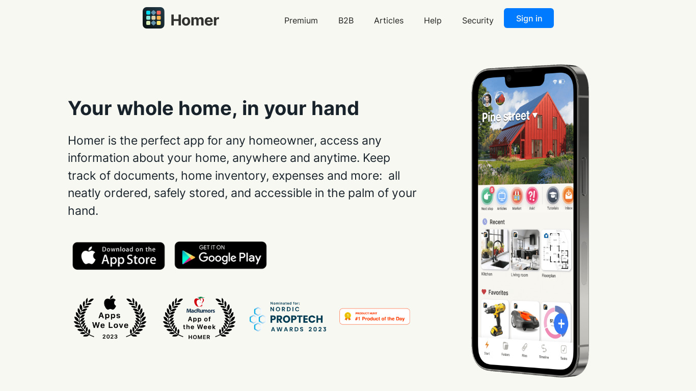 Homer.co Landing page