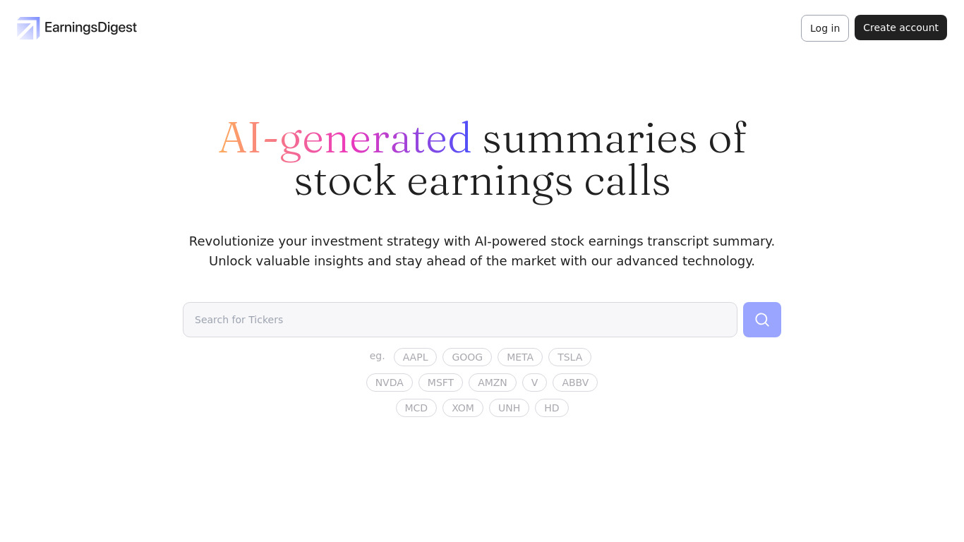 EarningsDigest.ai Landing page