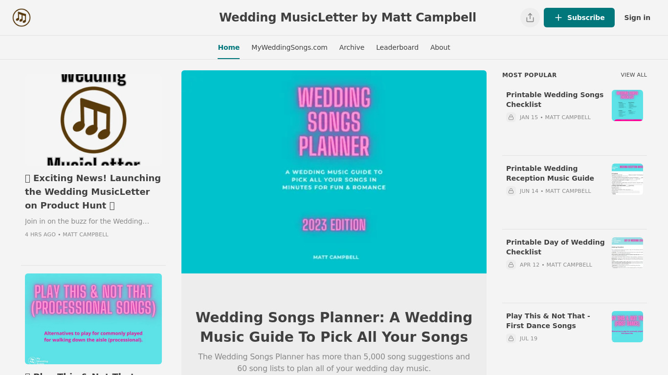Wedding MusicLetter Landing page