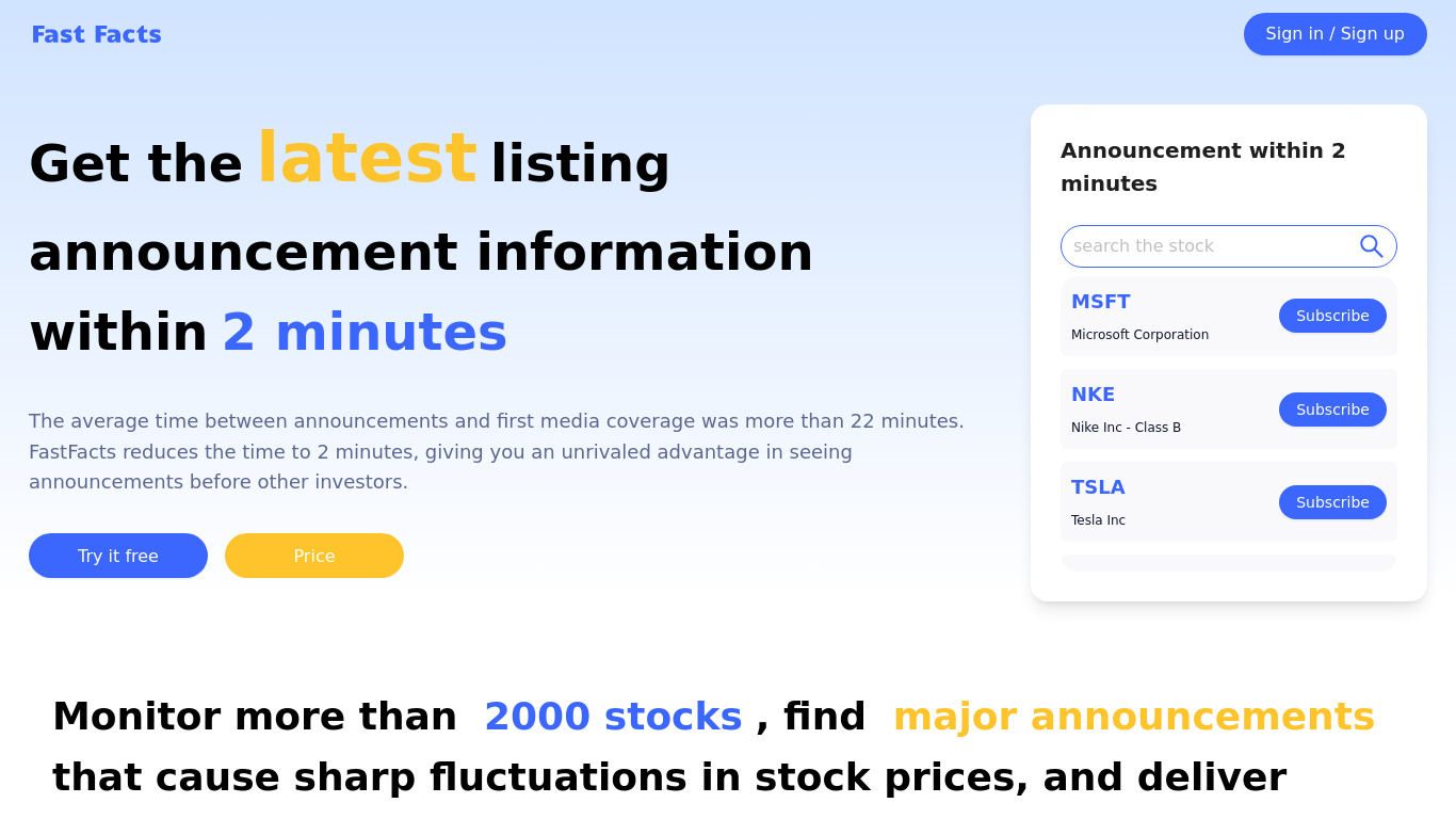 FastFacts Landing page