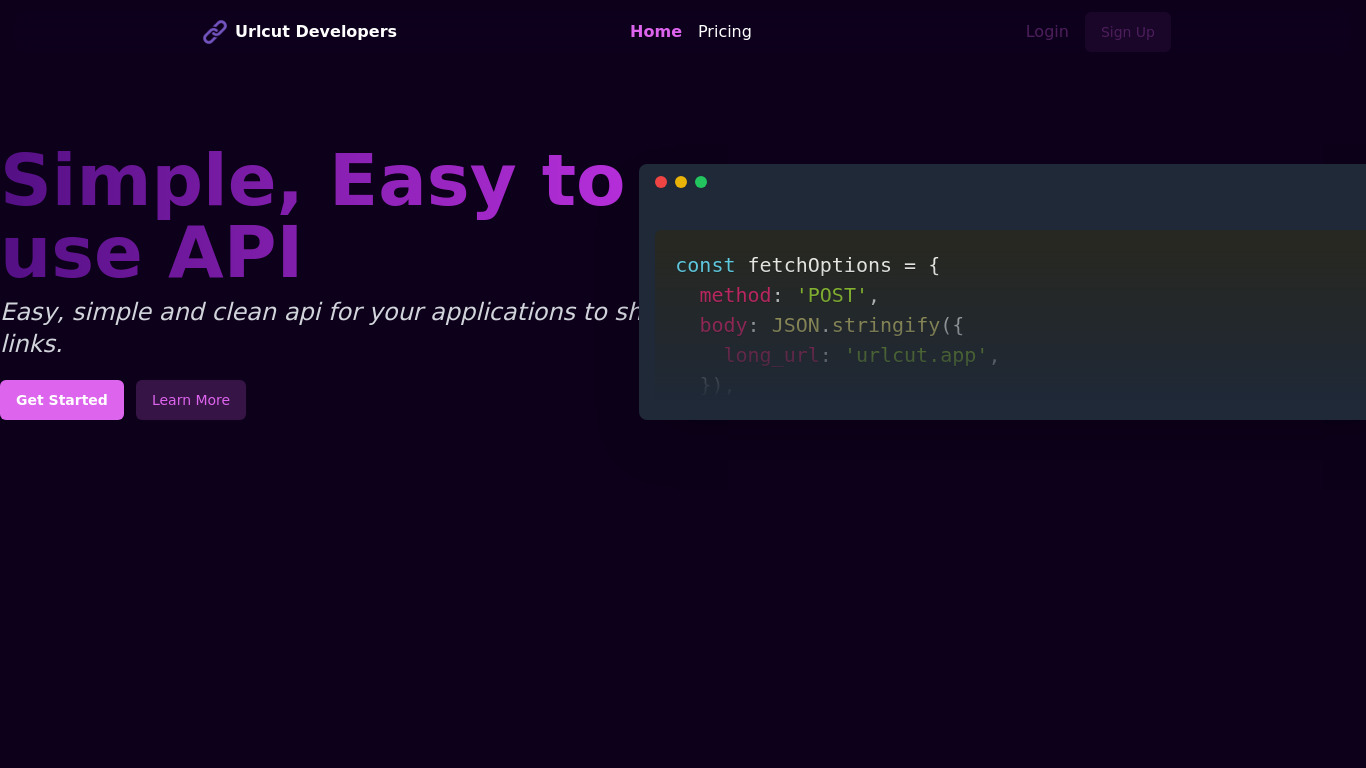 Urlcut Developer Portal Landing page
