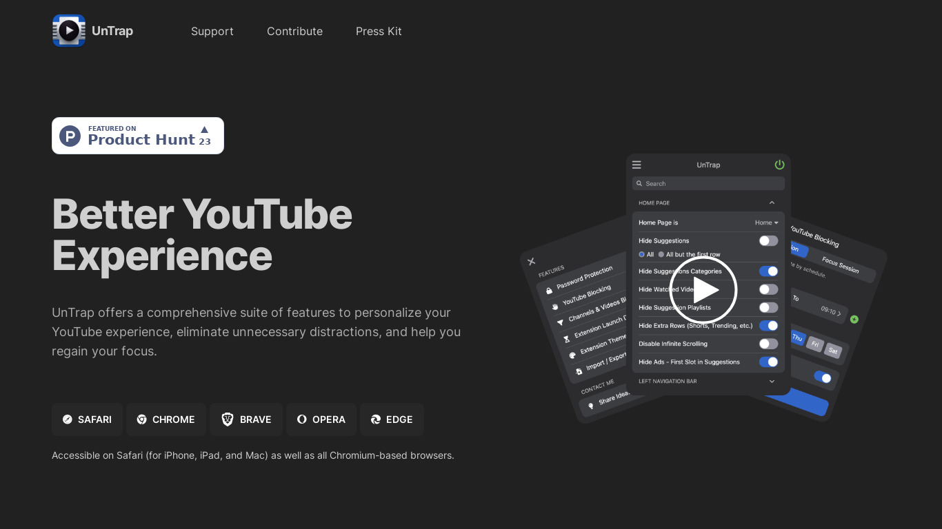 UnTrap for YouTube Landing page
