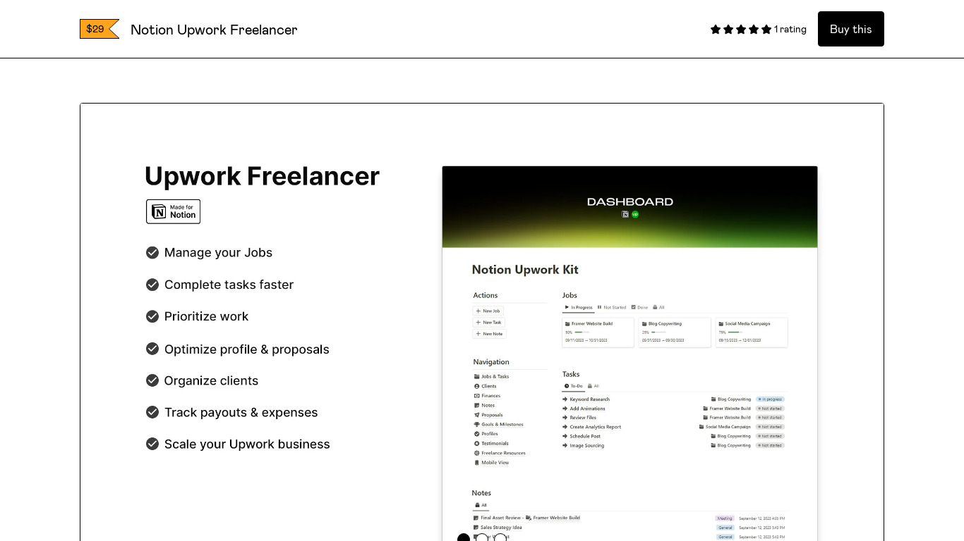 Notion Upwork Freelancer Landing page