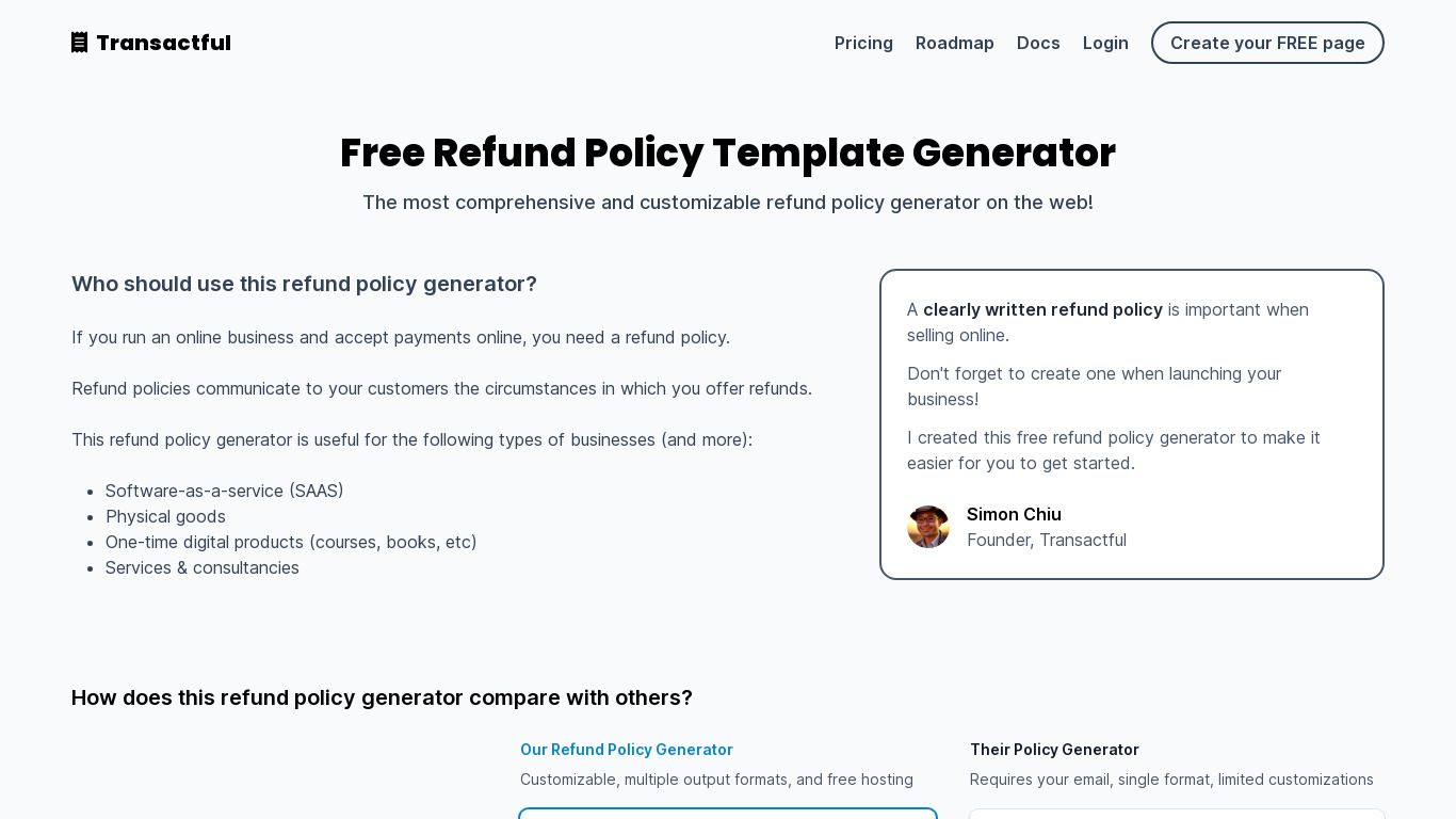 Refund Policy Generator Landing page