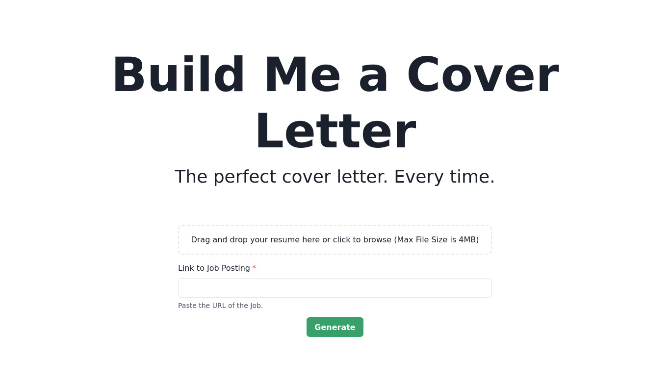 Build Me A Cover Letter Landing page