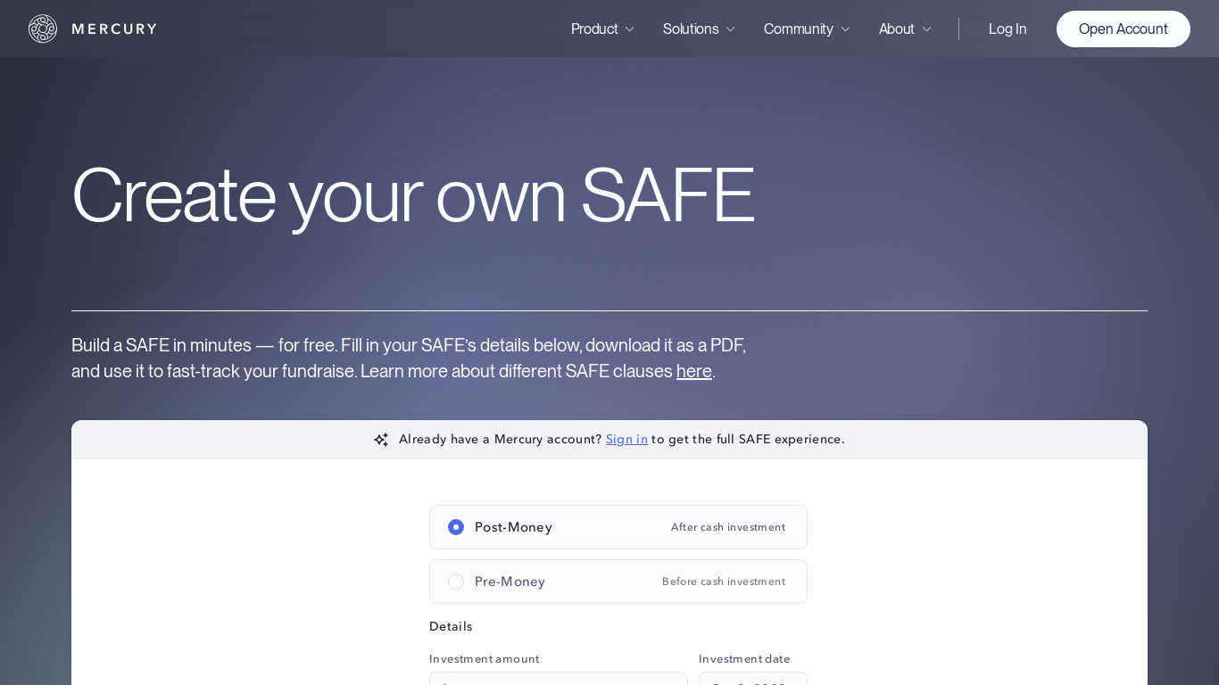 SAFE by Mercury Landing page