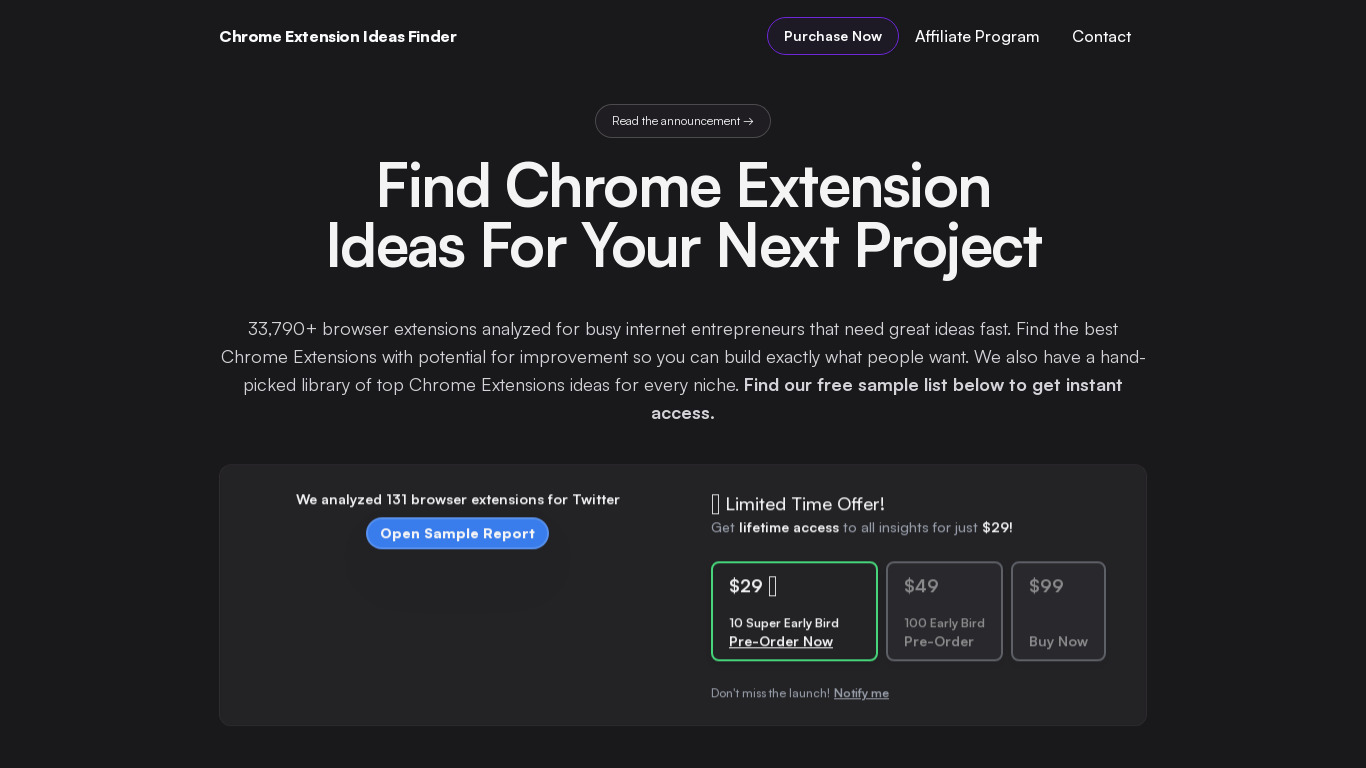 Chrome Extension Ideas Finder Landing page