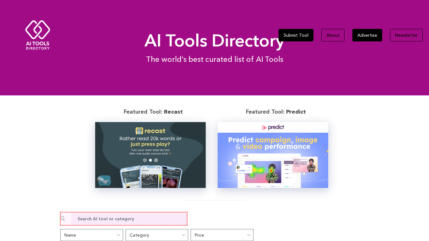 ai tools directory Landing page