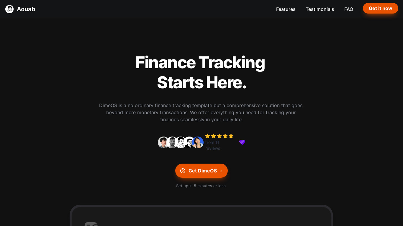 DimeOS - The Ultimate Finance Tracker Landing page