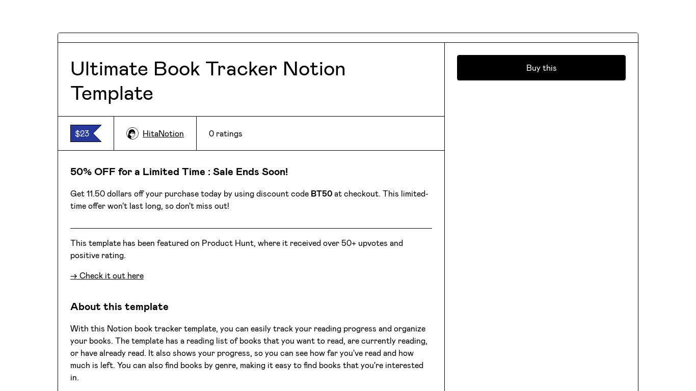 Notion Ultimate Book Tracker Landing page