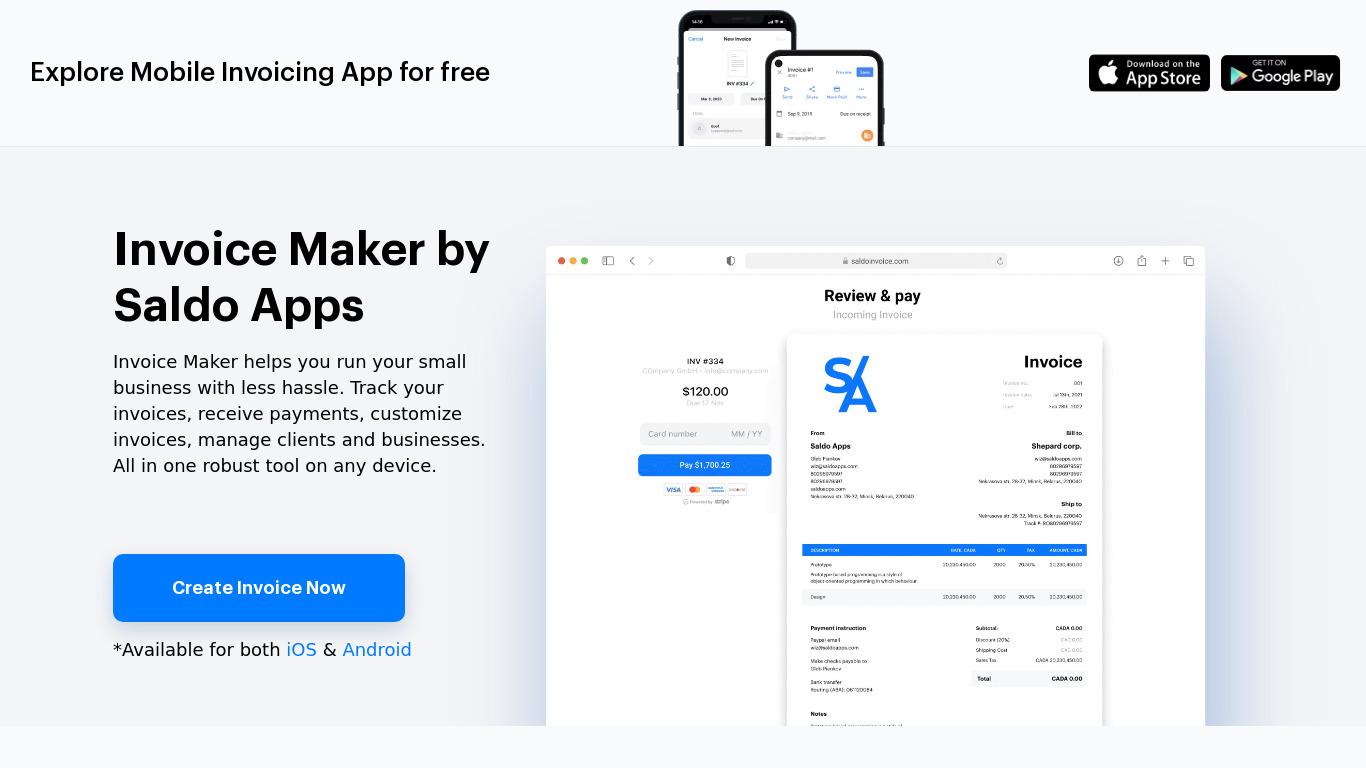 Invoice Maker by Saldo Apps Landing page
