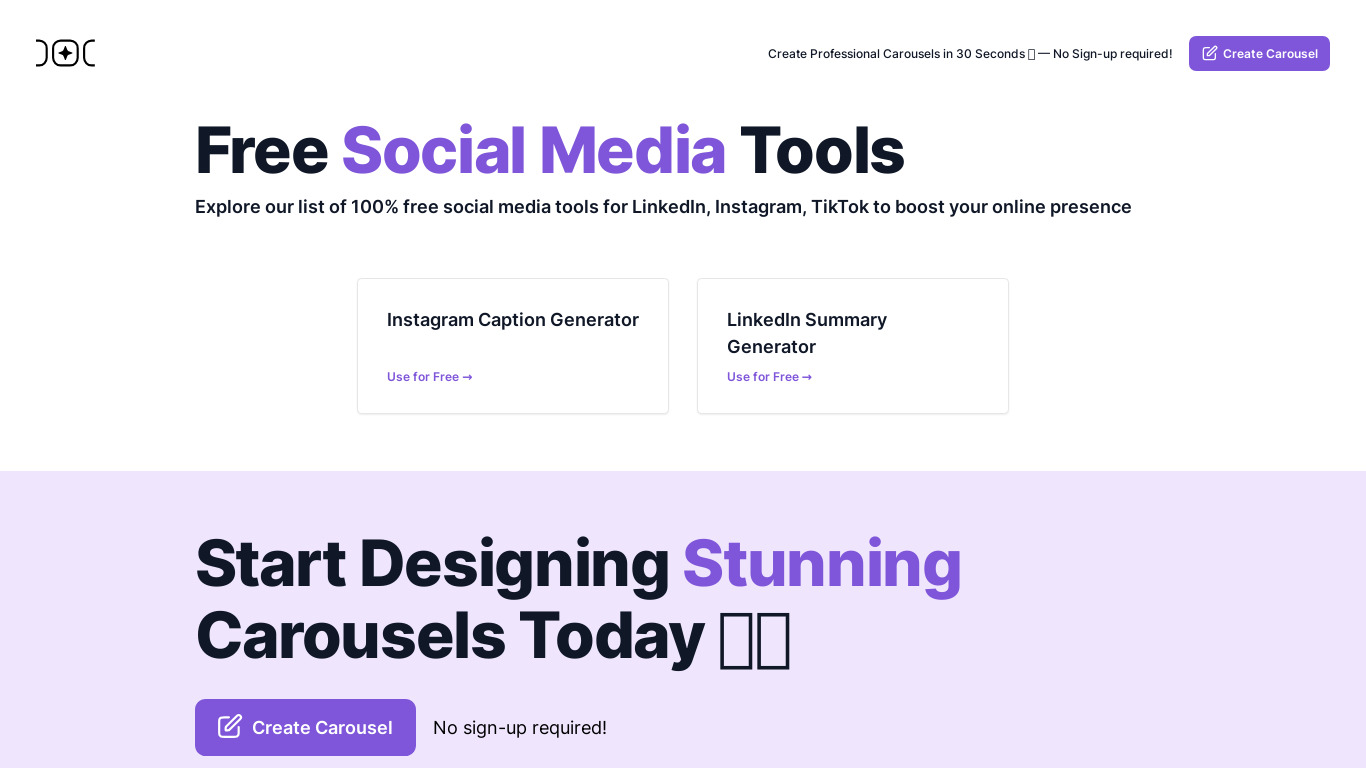 Free Social Media Tools Collection Landing page