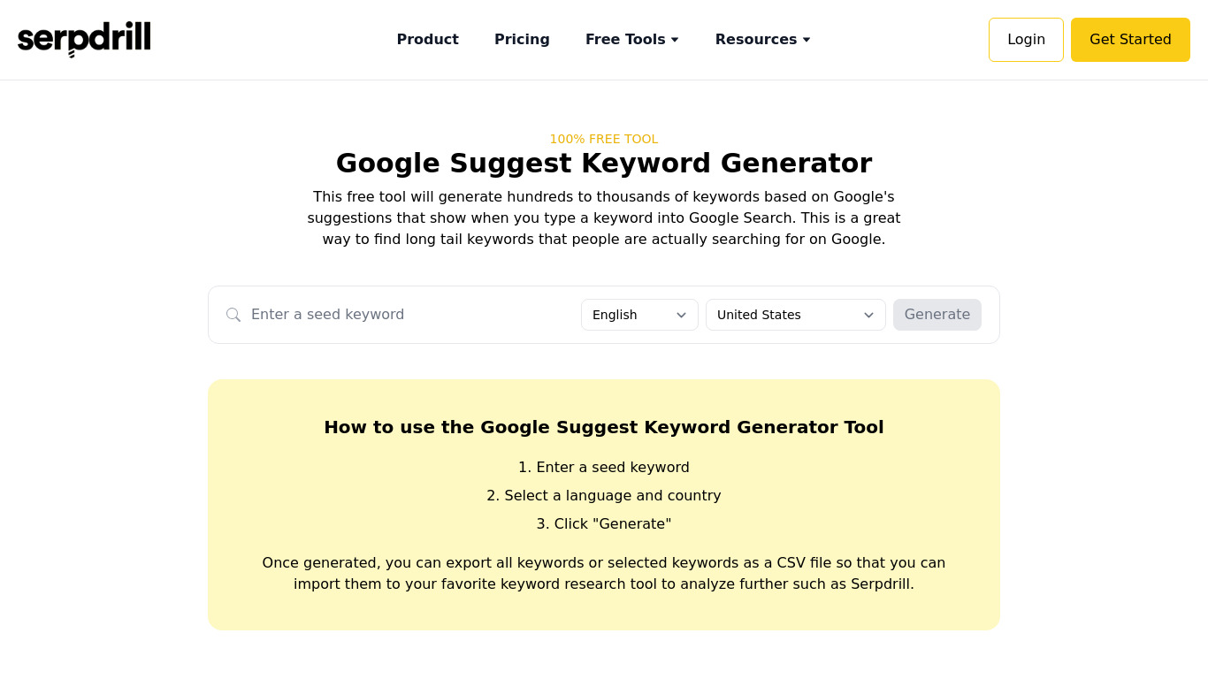 Google Suggest Keyword Generator Landing page